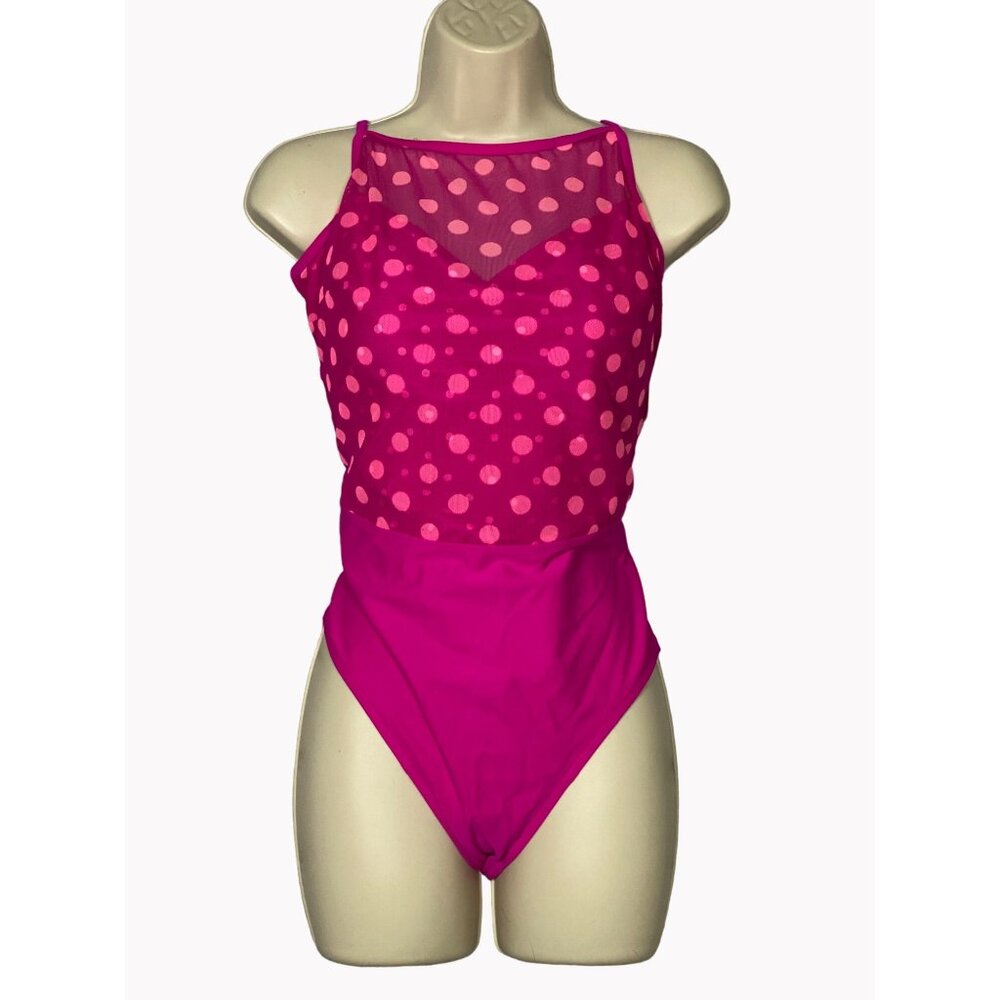 Christina Womens One-Piece Swimsuit Size 16 Pink Polka Dot Mesh Detail